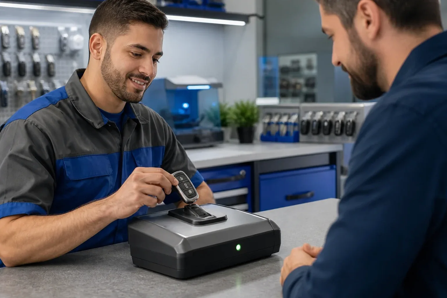 Chaveiro configurando um controle remoto para automóvel.
