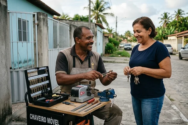 Chaveiro discutindo serviços de segurança com um cliente.