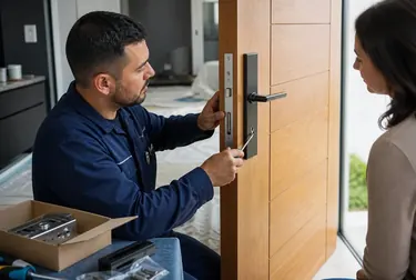 Chaveiro instalando uma fechadura em uma porta.