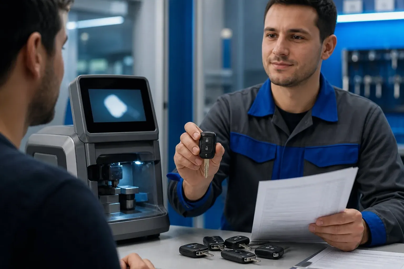 Chaveiro produzindo chave codificada com ferramenta específica.