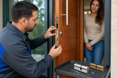 Chaveiro substituindo uma fechadura em uma porta.