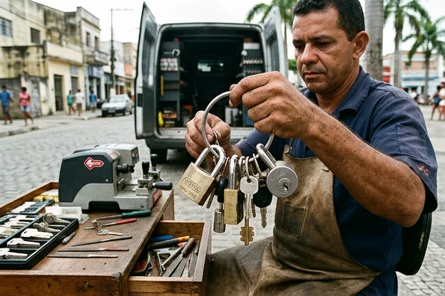 Fechaduras variando em modelos expostas em um chaveiro.